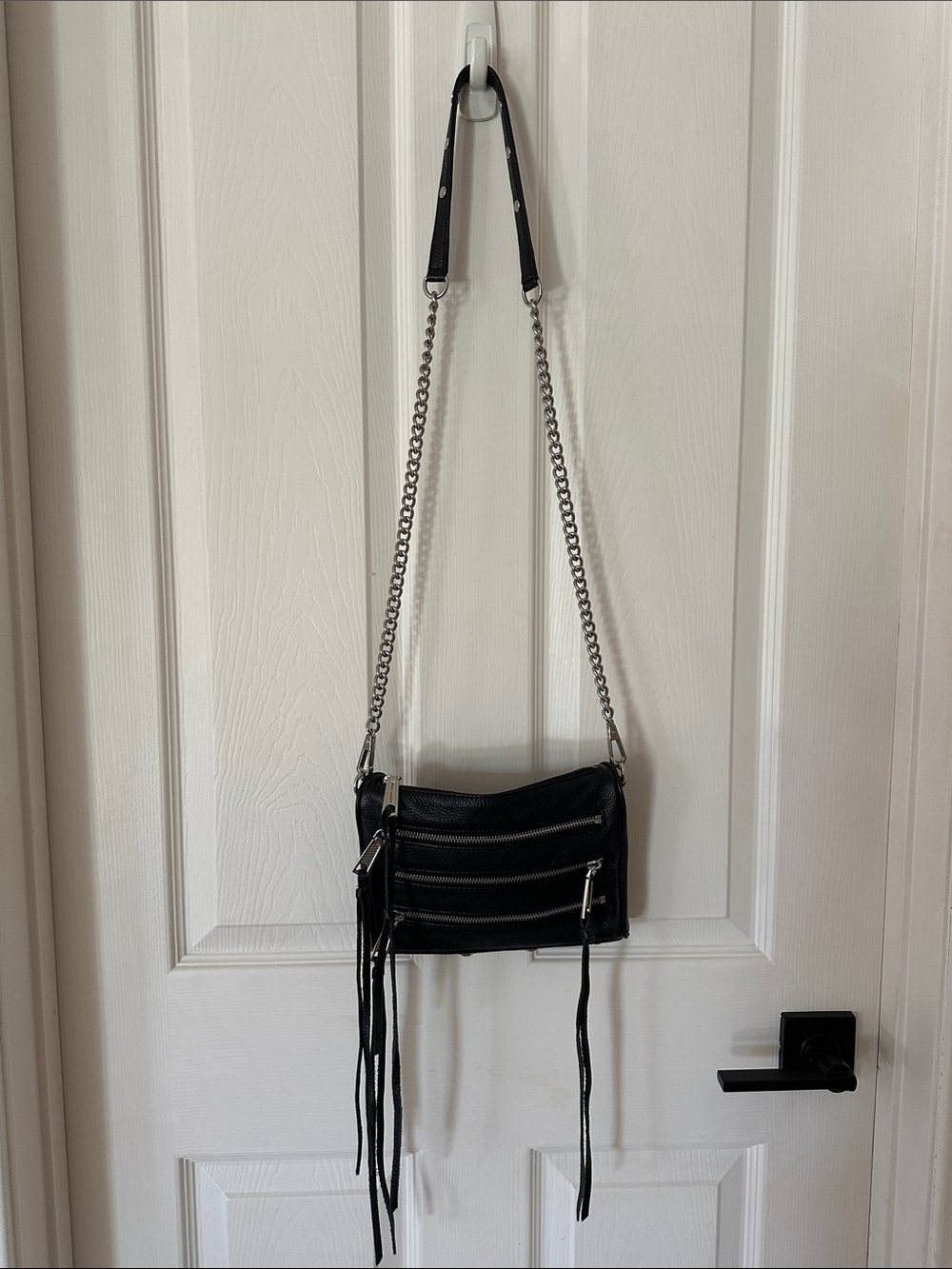 Black Leather Crossbody Bag with Chain Strap